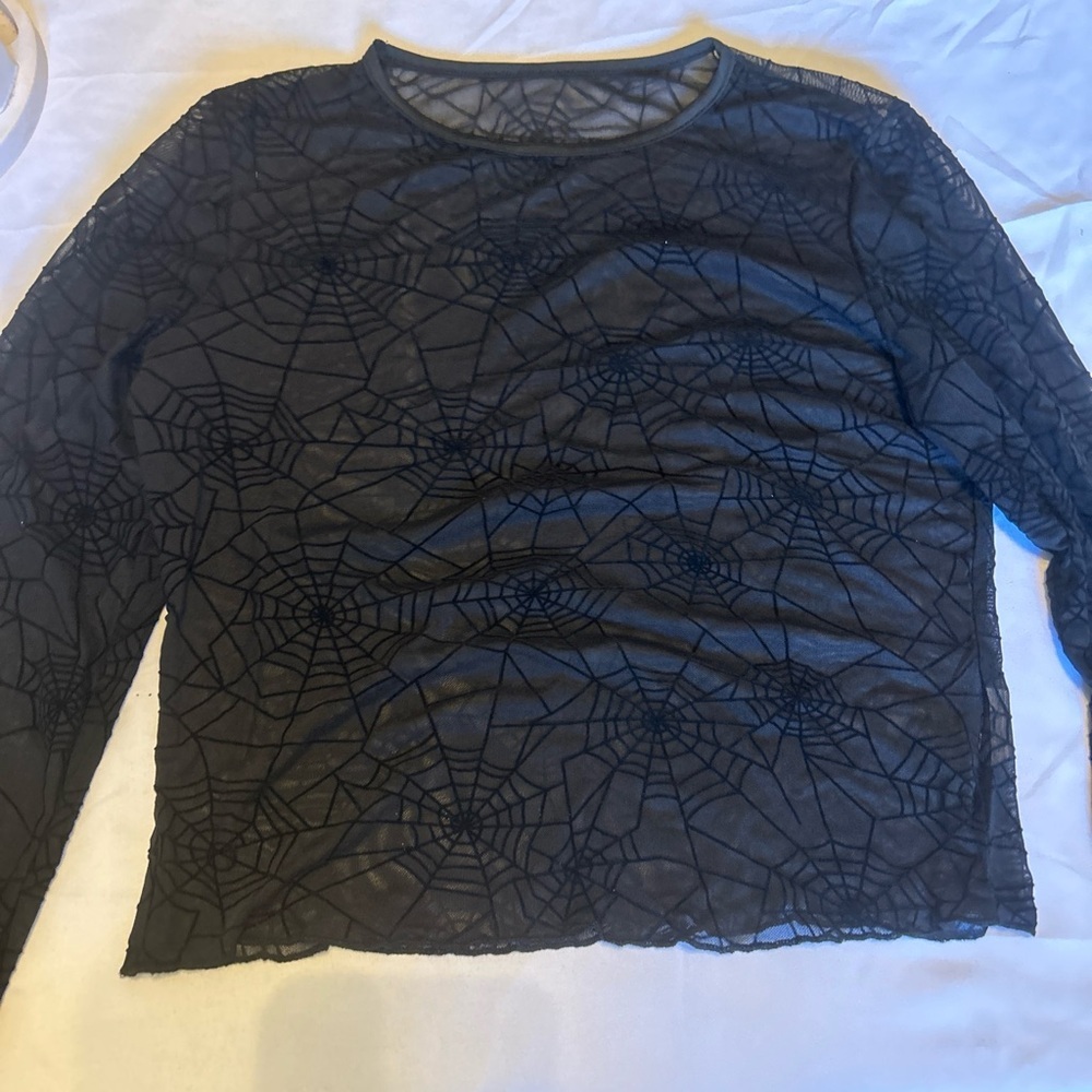 Spider Web Sheer Black Long Sleeve Emo Goth Pull Over Blouse, Medium New - Picture 2 of 8